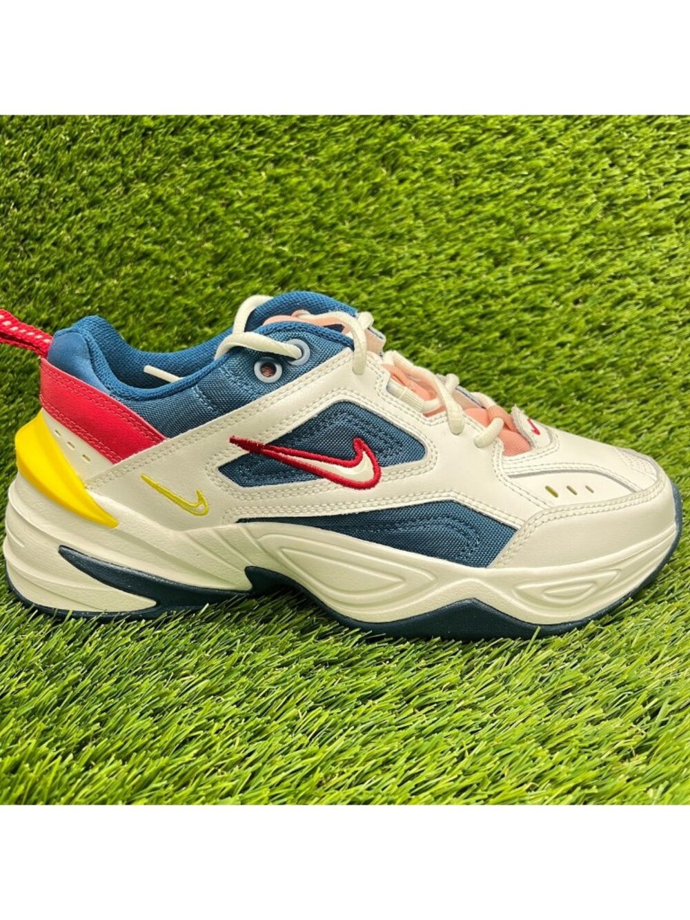 Nike M2K Tekno Womens Size 7.5 White Blue Yellow Athletic Leather Shoes Sneakers